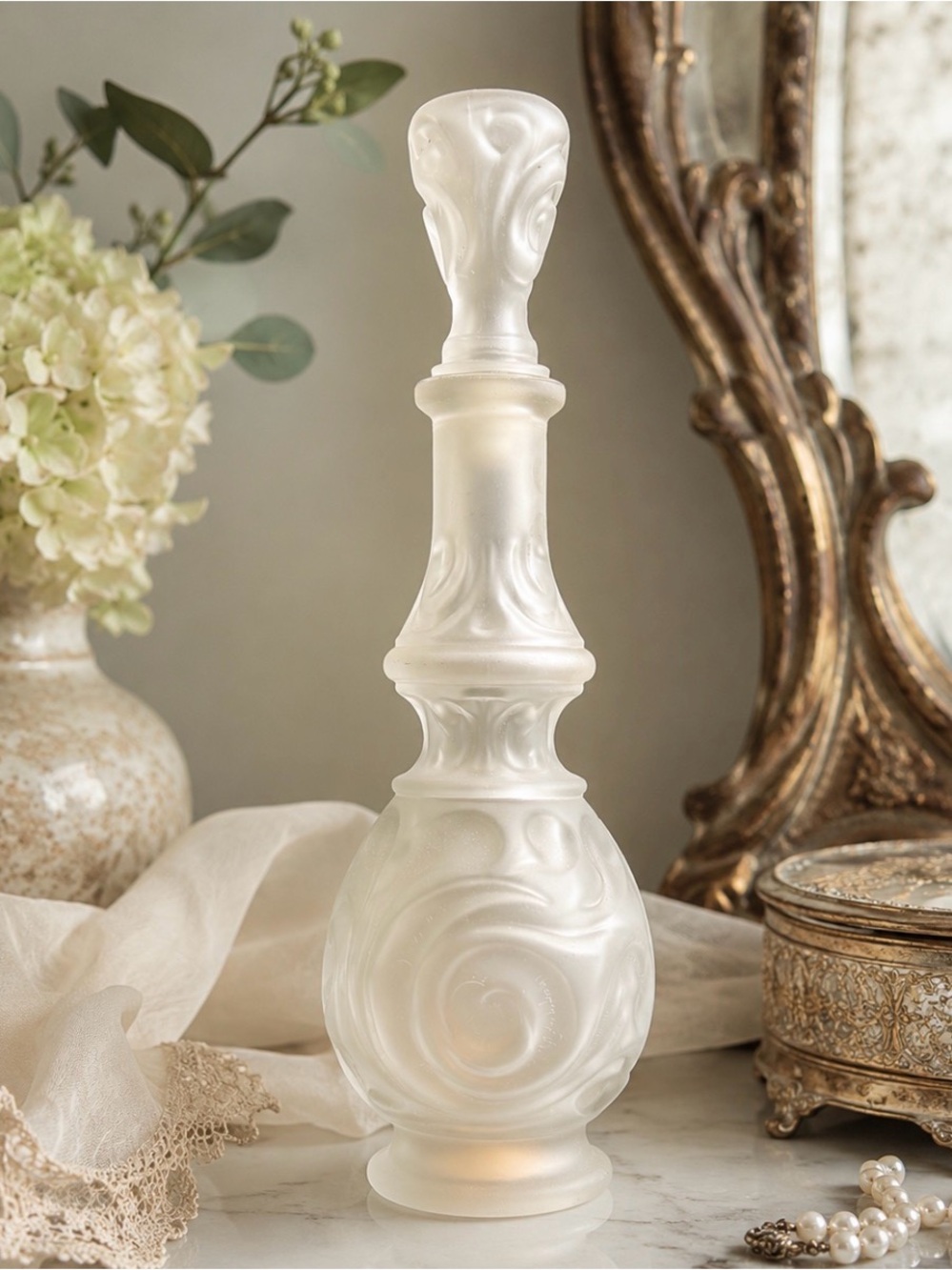 Merle Norman Frosted White Swirl Glass Decanter with Stopper